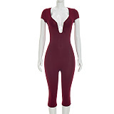 Spring Summer Elastic Zipper U-neck Short Sleeve One-piece Knee Length Jumpsuit XYWL-J25JP479