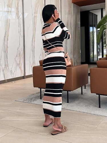 Striped Knitted Round Neck Long Sleeved Slimming Stretch Maxi Dresses LSD-2850