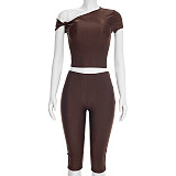 Off Shoulder Slim Crop Top Knee Length Shorts Two Pieces XYWL-J25ST489