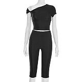 Off Shoulder Slim Crop Top Knee Length Shorts Two Pieces XYWL-J25ST489