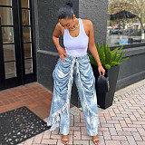 Ruffled Brushed Edge Straight Leg High Waist Women Jeans RS-A51101