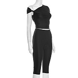 Off Shoulder Slim Crop Top Knee Length Shorts Two Pieces XYWL-J25ST489
