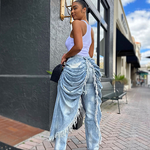 Ruffled Brushed Edge Straight Leg High Waist Women Jeans RS-A51101