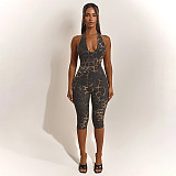 Halter Leopard Stretch Backless Knee Length One-piece Romper XYWL-J26JP064