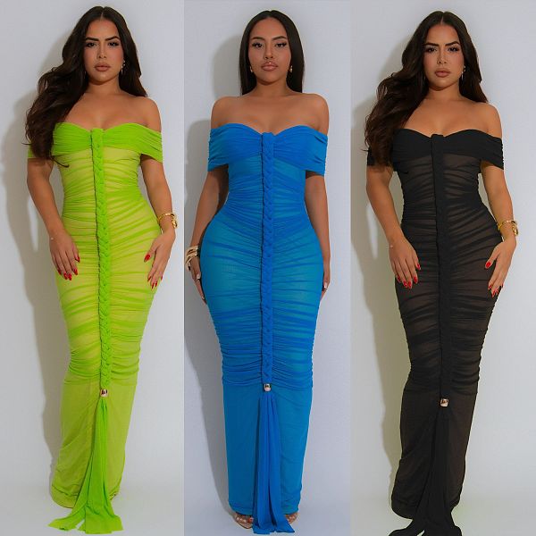 Fashionable and Sexy One-shoulder Pleated Mesh Maxi Dress NTY-7555