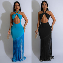 Sexy Hollow Design Sleeveless Halter Neck Tight Tassel Dress