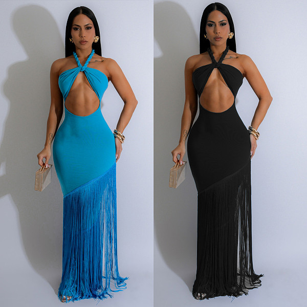 Sexy Hollow Design Sleeveless Halter Neck Tight Tassel Dress