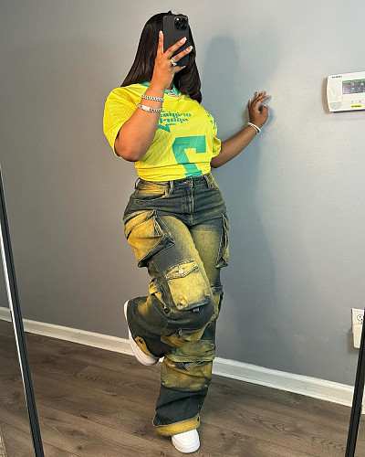 Women Fashion Trend Multi-pockets High-waisted Workwear Straight Leg Jeans RS-A40802