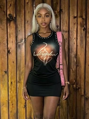 Fashionable Hot Girl Hand-drawn Tight-fitting Midriff-baring Black Mini Dress FC-1482