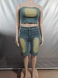 2026 Ruffled Wrap Chest Crop Top Blouse Denim Shorts Set AK-A50319