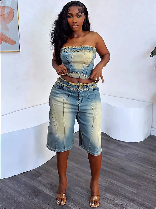 2026 Ruffled Wrap Chest Crop Top Blouse Denim Shorts Set AK-A50319