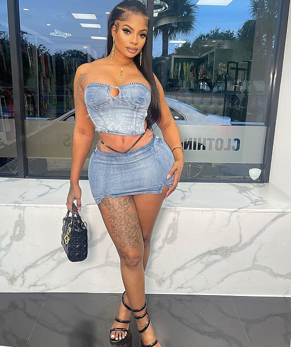 Wrap Chest Denim Crop Top Slit Mini Skirt Two Pieces AK-A50301