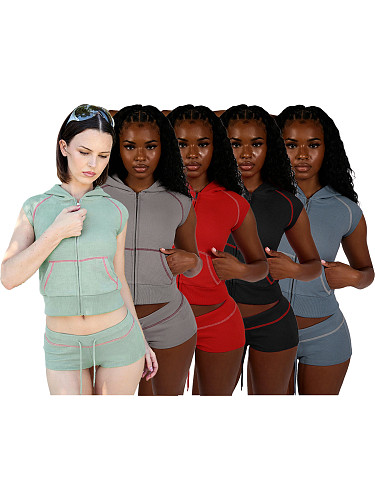 Wholesale Hooded Zipper Jacket And Drawstring Shorts Set CH-26021