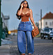 Streetwear Washed Elastic Waist Denim Skirt Pants Straight Leg Jeans AK-A60401