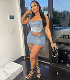 Wrap Chest Denim Crop Top Slit Mini Skirt Two Pieces AK-A50301