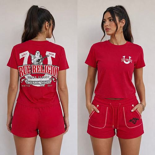 Casual Printed Blouse T-shirt Shorts Set FC-1483