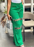 Green Women'S High Waist New Style Stitching Casual Nail Chain Jeans AK-A50408