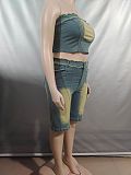 2026 Ruffled Wrap Chest Crop Top Blouse Denim Shorts Set AK-A50319