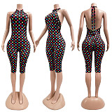 Fashion Polka Dot Print Elastic Halter Neck Backless Slim Fit Jumpsuit CM-60313