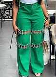 Green Women'S High Waist New Style Stitching Casual Nail Chain Jeans AK-A50408