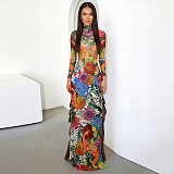 Plant Print Long Sleeved High Collar Side Split Maxi Dress DLS-K6L00286A