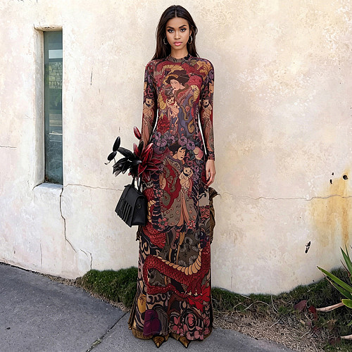 Retro Print Neck High Slit Long Sleeve Maxi Dress DLS-K6L00281A