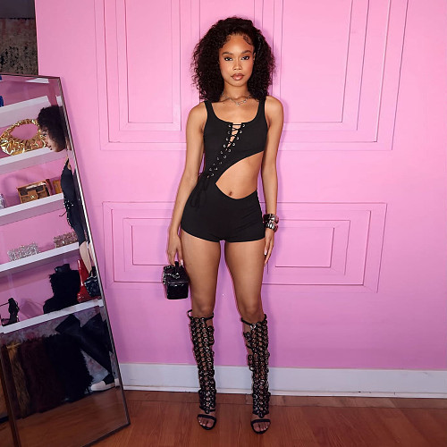 Cross Belted Sexy Low Cut Rrregular Top And One-piece Shorts Romper DLS-K6Q07241A