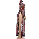 Retro Print Neck High Slit Long Sleeve Maxi Dress DLS-K6L00281A