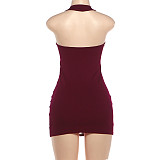 U Neck Backless Sexy Halter Metal Ring Wrap Hip Dress DLS-K6D04929A