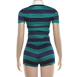 Turn Down Collar Short Sleeved Top Retro Striped Short Pants Set DLS-K6S03137A