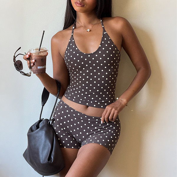 Wholesale Dot Halter Crop Top And Shorts Low Waist Set DLS-K6S08153A