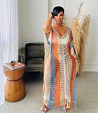 Knitted Fringed Hollow Out Beach Skirt Long Dress CM-8667