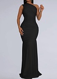 Fashionable Temperament Oblique Shoulder Sexy Perspective Solid Color Dress For Women BY-7370