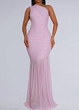 Fashionable Temperament Oblique Shoulder Sexy Perspective Solid Color Dress For Women BY-7370