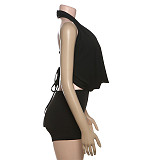 Solid Halter Back Bandage Shorts Romper Wrap Bra Two Pieces Set RS-K25S73030