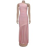 Fashionable Temperament Oblique Shoulder Sexy Perspective Solid Color Dress For Women BY-7370