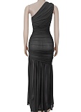 Fashionable Temperament Oblique Shoulder Sexy Perspective Solid Color Dress For Women BY-7370