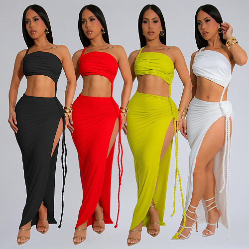 Fashion Women'S Summer Simple Wrapped Chest Backless Side Slit Sexy Long Dress Wholesale BY-7342