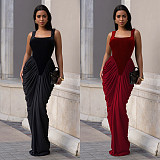 Sleeveless Strap U-neck Wrinkle Maxi Dress BY-7582