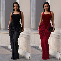 Sleeveless Strap U-neck Wrinkle Maxi Dress BY-7582