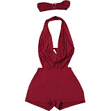 Solid Halter Back Bandage Shorts Romper Wrap Bra Two Pieces Set RS-K25S73030