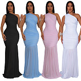 Fashionable Temperament Oblique Shoulder Sexy Perspective Solid Color Dress For Women BY-7370