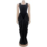 Sleeveless Strap U-neck Wrinkle Maxi Dress BY-7582