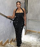 Halter Beaded Pearl A-line Wrap Hip Sequins Dress RS-98311