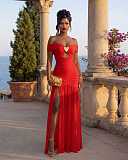 Solid One Shoulder Side Slit Wrap Pleated Slim Evening Gown RC-3400