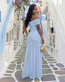 Solid One Shoulder Side Slit Wrap Pleated Slim Evening Gown RC-3400