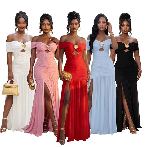 Solid One Shoulder Side Slit Wrap Pleated Slim Evening Gown RC-3400