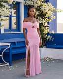 Solid One Shoulder Side Slit Wrap Pleated Slim Evening Gown RC-3400