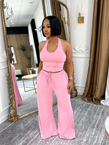 Summer Plain Casual Street Halter High Waist Pocket Wide Leg Pants Set SFY-TW839
