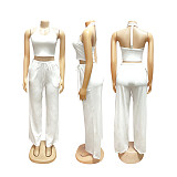 Summer Plain Casual Street Halter High Waist Pocket Wide Leg Pants Set SFY-TW839